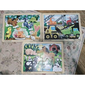 Lot of 3 Melissa & Doug Wooden Jigsaw Puzzles FARM ANIMALS, Pets, CONSTRUCTION